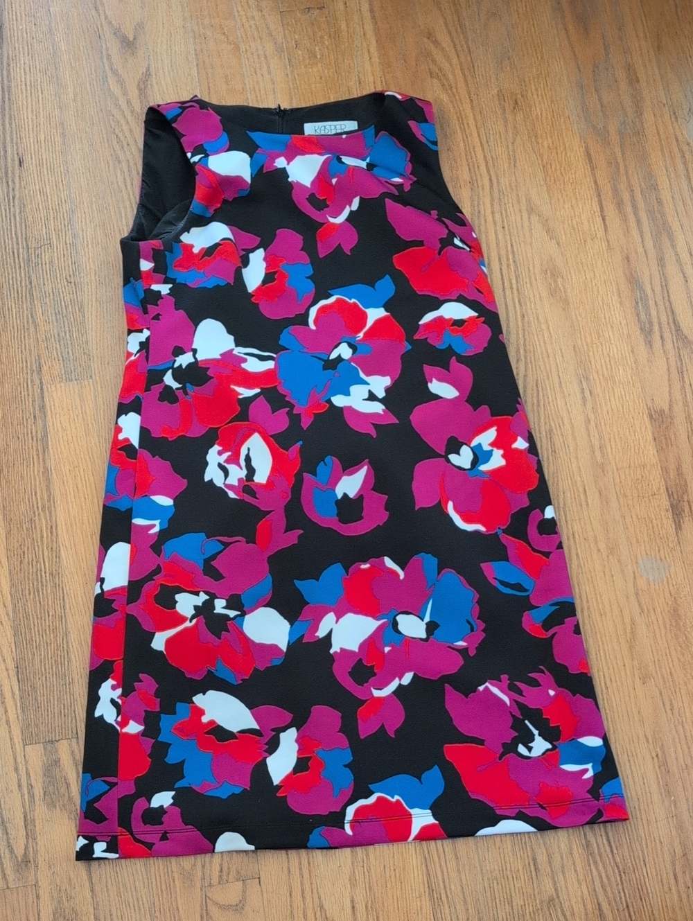 Kasper Black Floral Shift Dress with Pink Red Blue Accents
